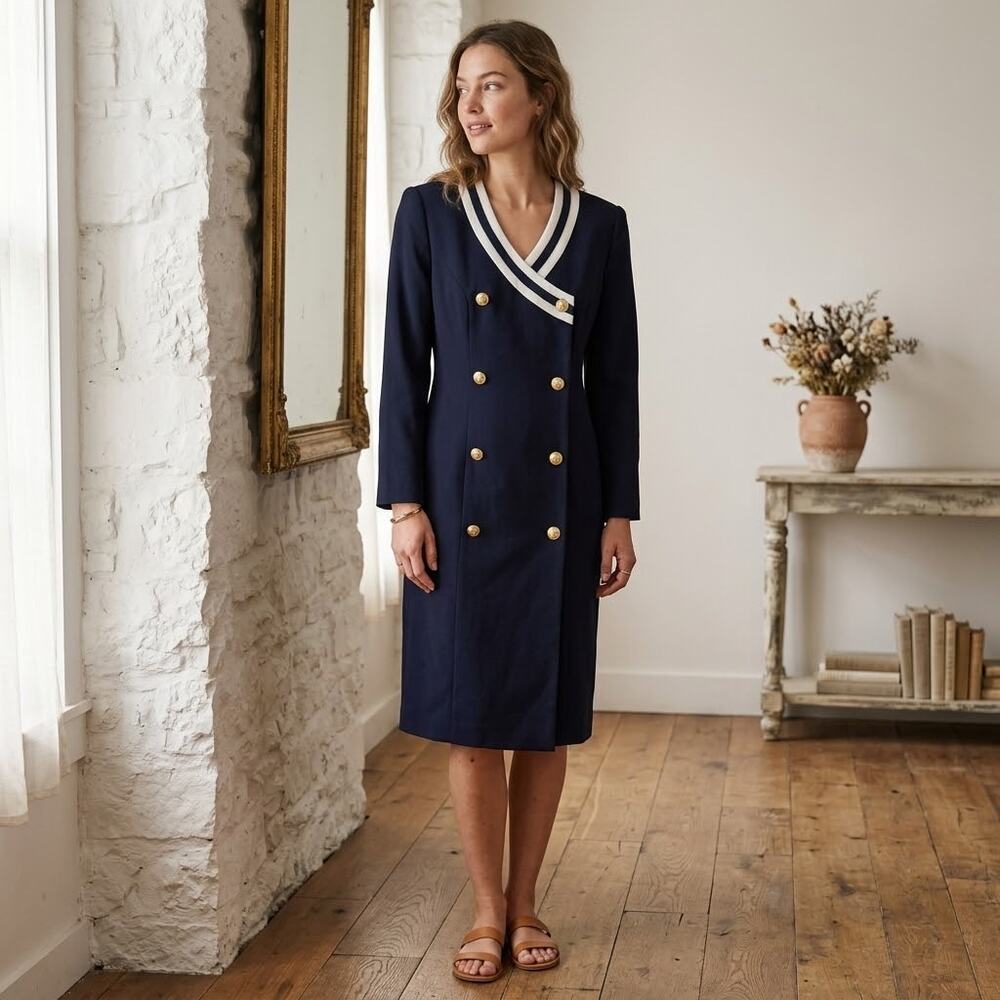 NEW Vintage Talbots 1980's navy blue sailor coat dress double breasted 10 petite